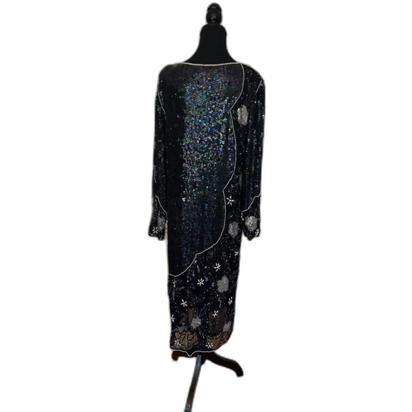 Vintage Black Beaded Silk Midi Dress Size M Embellished Minor Repair Needed - Picture 3 of 9